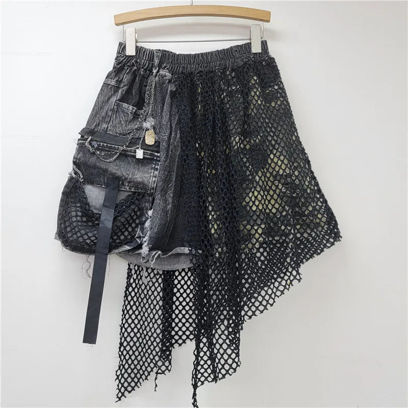 YEAE 2024 Winter New Items Trendy Camouflage Denim Shorts For Women Fashion Elastic Waist A-line Short Pants Female