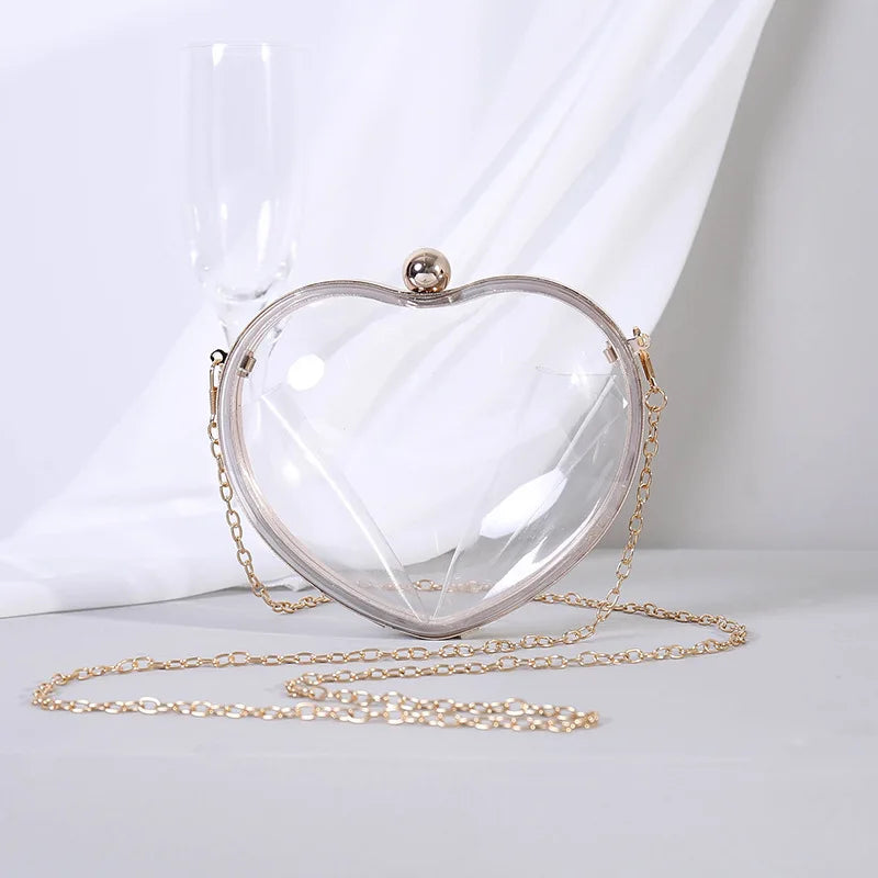 Transparent Rhinestone Heart Evening Bag for Women