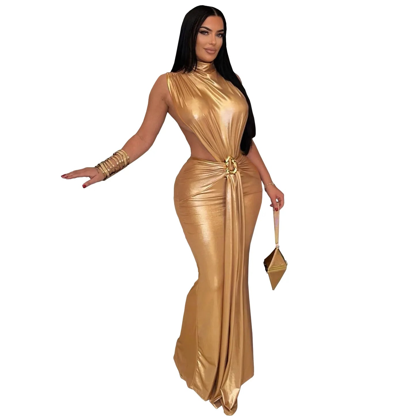 CM.YAYA Women Gilding Sleeveless Cutout Bodycon Midi Maxi Long Dress 2025 Summer Beach Vacation Party Birthday Sexy Dresses