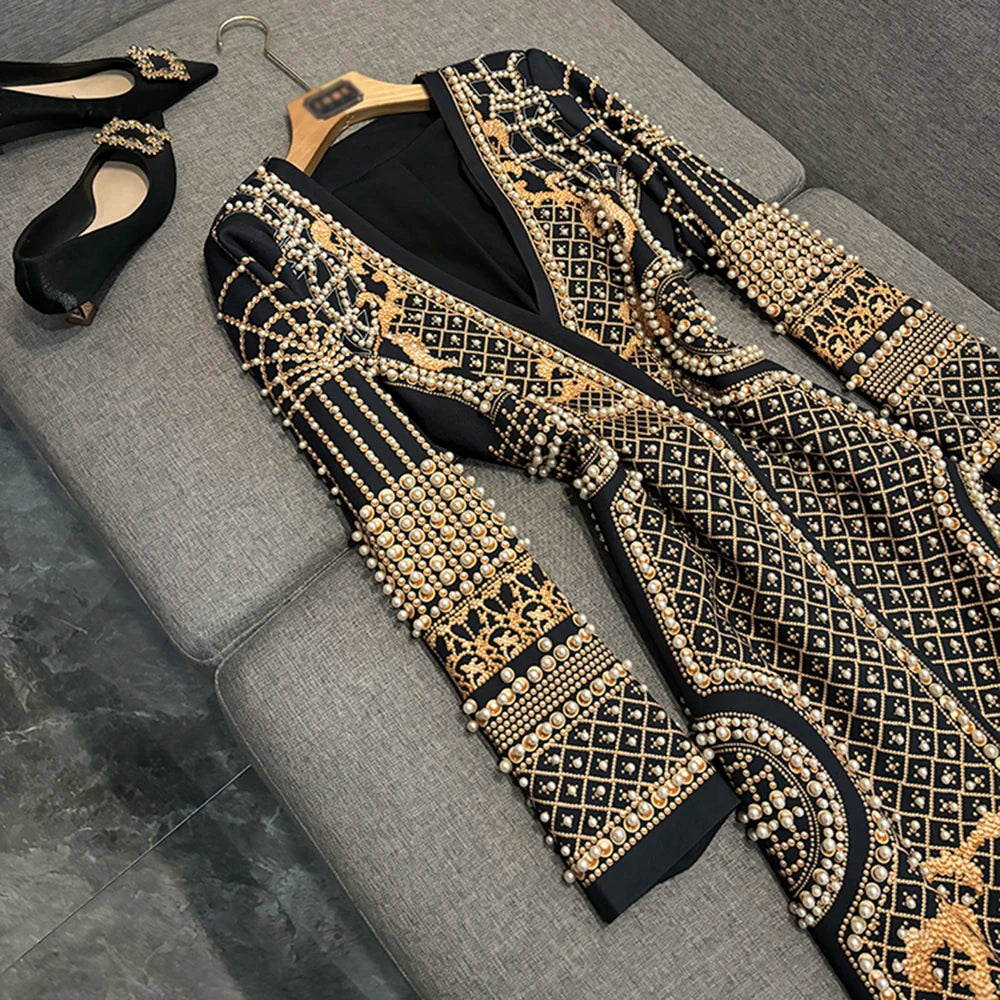 TWOTWINSTYLE Luxury Spliced Pearl Jackets For Women Deep V Neck Long Sleeve High Waist Temperament Jacket Female New KJA502566