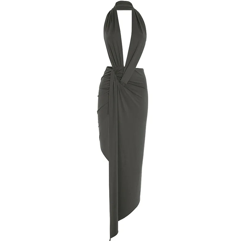 Weird Puss Elegant Halter Backless Dress Women Deep V-Neck Sleeveless Slit Irregular Party Banquet Activity Stretch Clubwear