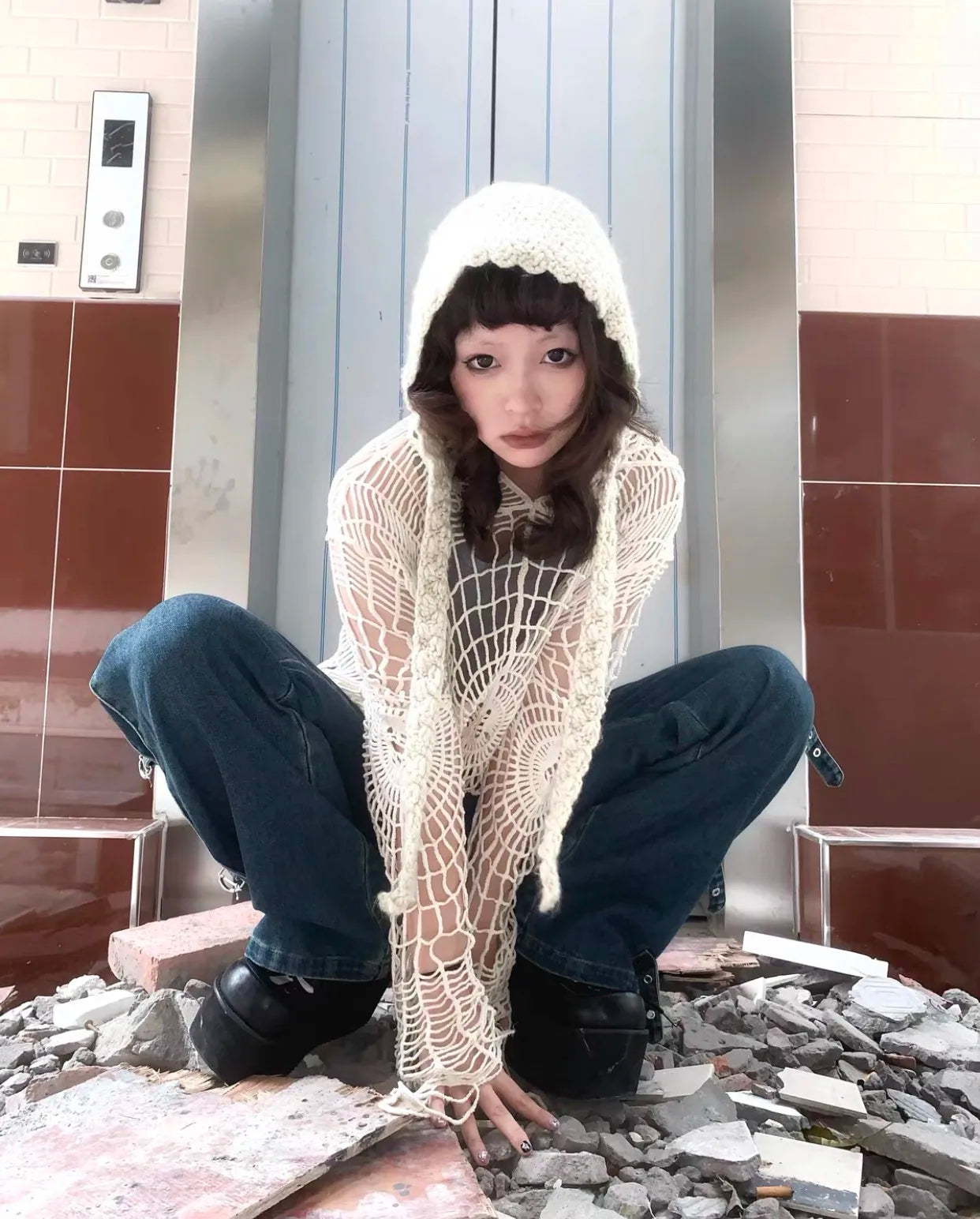 Karrram Japanese Y2k Hollow Out Knitted Top Trashy 2000s Style Spider Web Pullover Vintage Harajuku Hole Hooded Knitwear Grunge