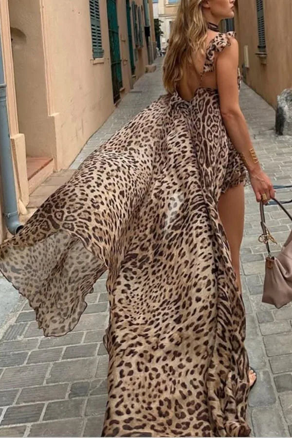 Woman Leopard Print Chiffon Set 2 Piece Summer Sexy Holiday Beach Chic Skirt Two Pieces Set Lady Wear Outfits