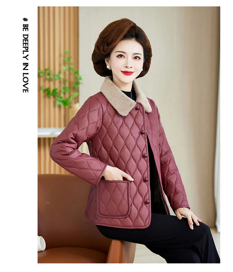 Winter Plush Jacket Winter Mom's Fashion Plus Size Loose Thick Fur Collar Coat For Mid-Aged Women With Velvet Warm Quilted Coat