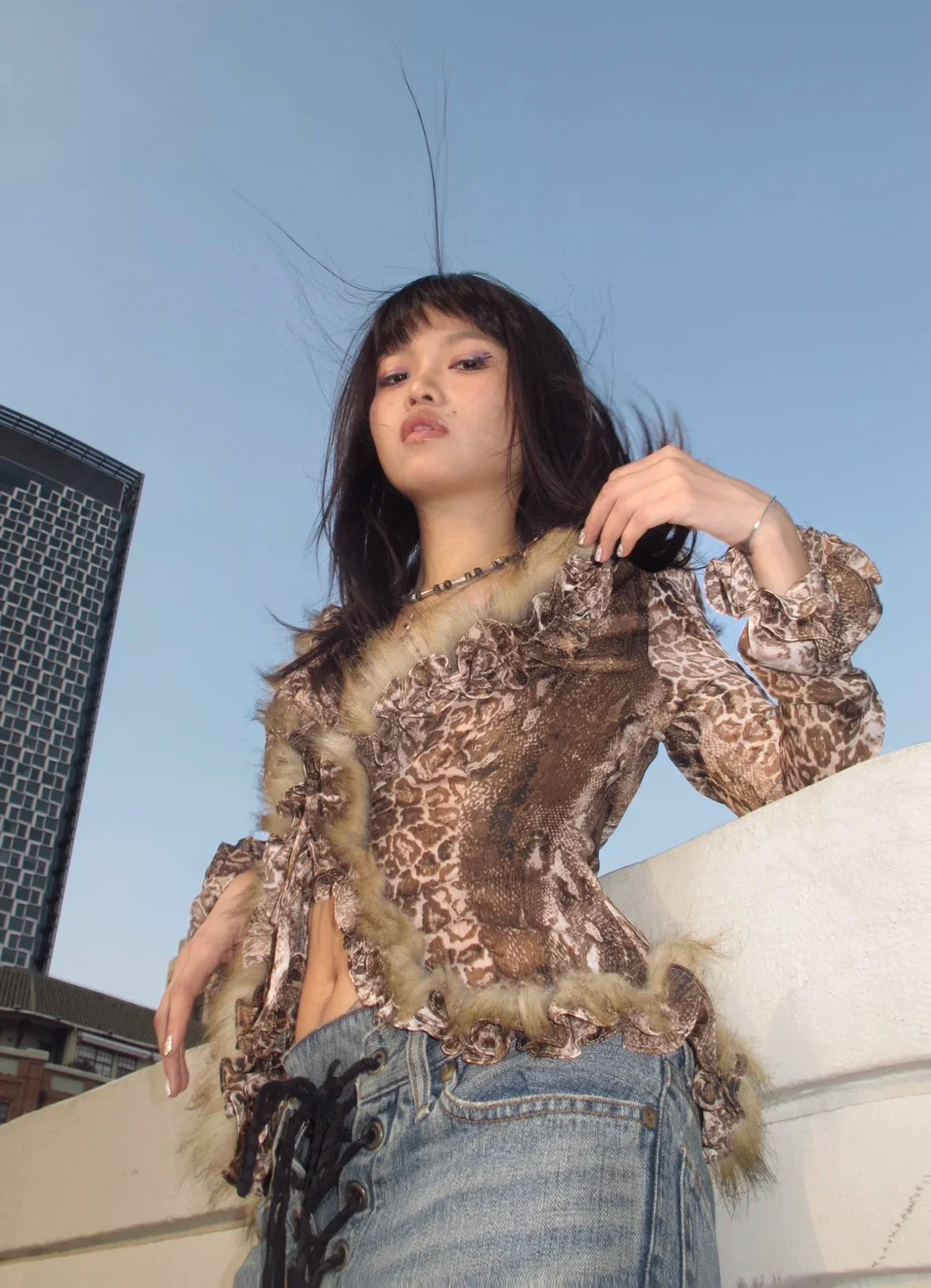Karrram Japanese Y2k Leopard Print Shirt Vintage Harajuku Fur Shirt Grunge Aesthetics V-neck Irregular Blouses American Retro