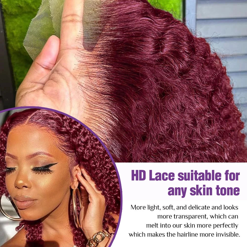 Burgundy 99J Deep Wave Bob Wigs Glueless Human Hair Short Kinky Curly Wig 13x6 Lace Front Wig For Women 13x4 HD Lace Front Wigs