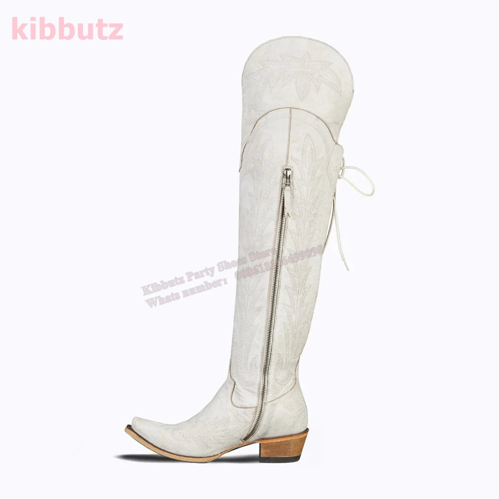 Rivet Cowboy Vintage Boots Over The Knee High Embroidery Lace-Up Luxury Leather Pointed Toe Chunky Heels Fashion Concise Shoes