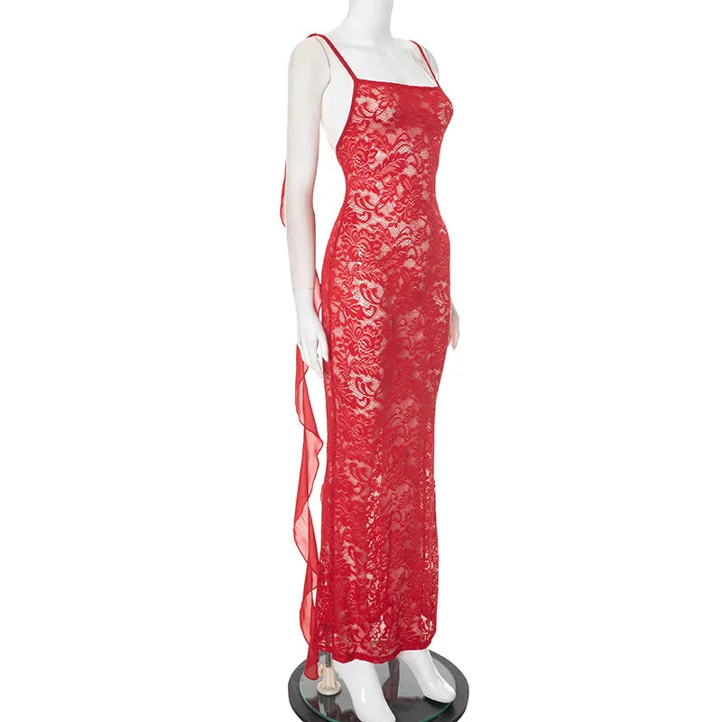 CM.YAYA Women lace Sleeveless Strap Floral Backless Sleeveless Sexy Party Bodycon Midi Maxi Long Dress 2025 Dresses Vestidos
