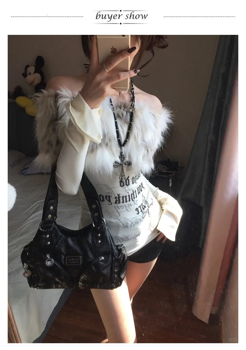Karrram Japanese Y2k Fur Collar Tops 2000s Aesthetics Off Shoulder Knit Tops Vintage Harajuku Letter Print Long Sleeve T-shirt