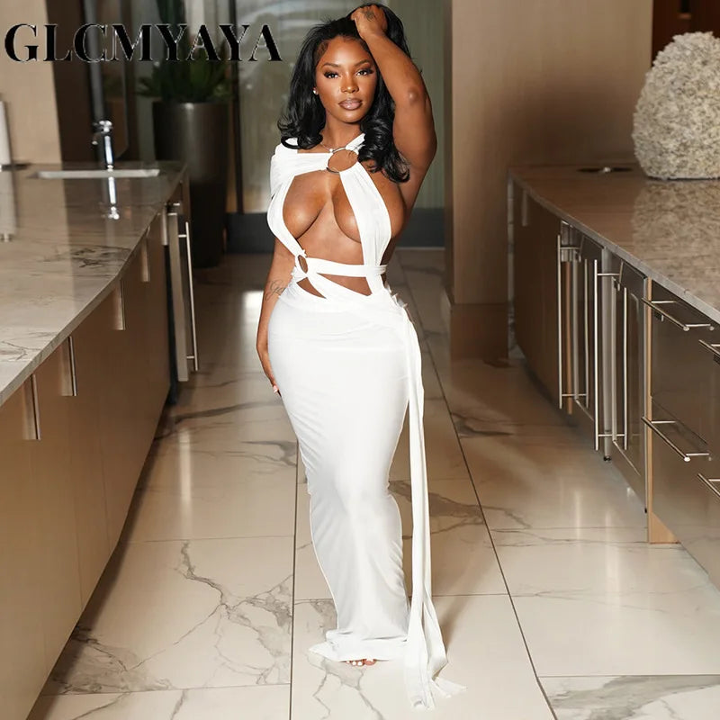 GLCMYAYA Women Sleeveless Roll Splicing Cutout Bodycon Midi Maxi Long Dress 2025 Summer Vacation Holiday Sexy Club Party Dresses