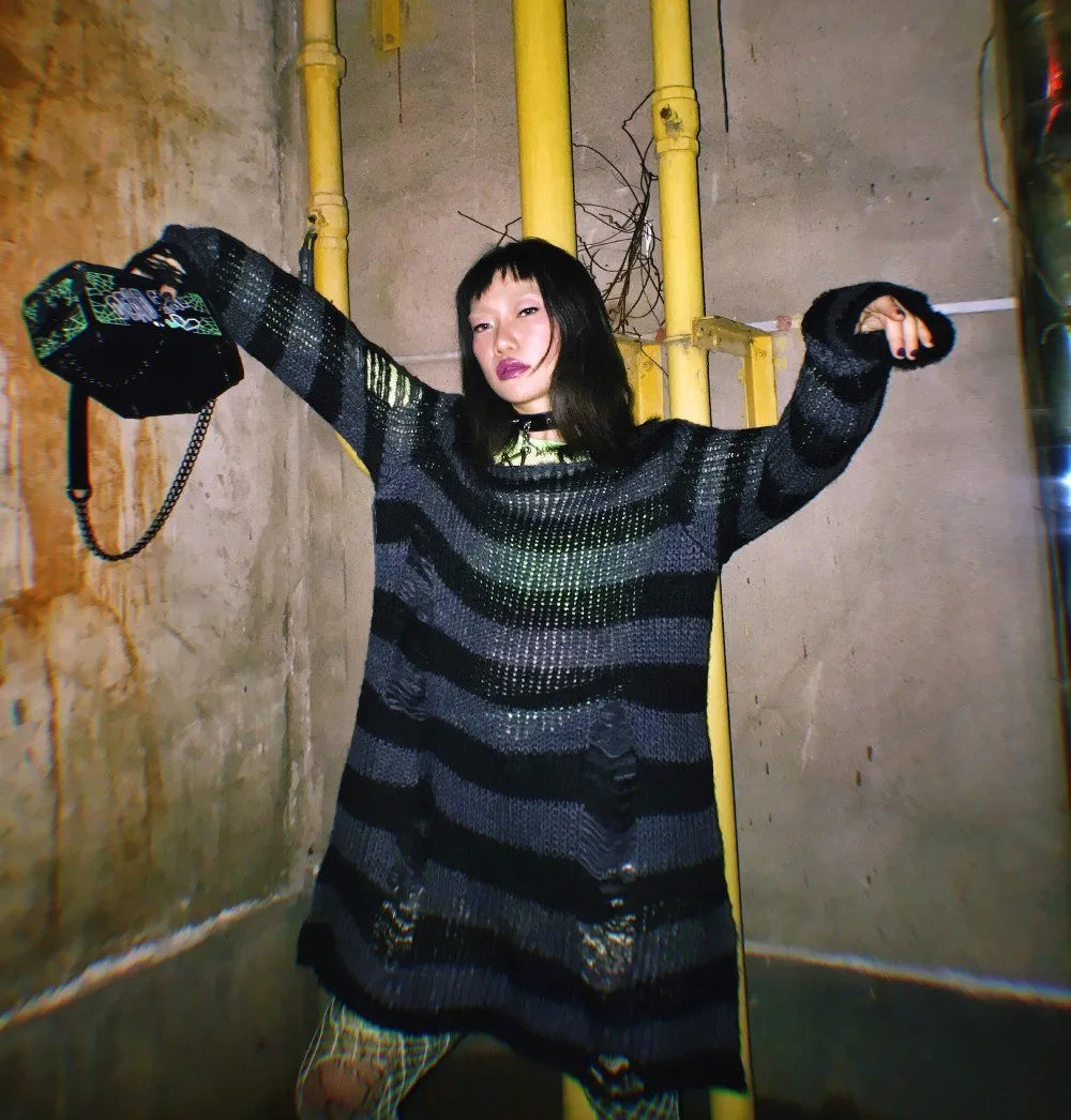 Karrram Punk Gothic Sweater Emo Tops E-girls Mall Goth Pullovers Y2k Harajuku Grunge Clothes Alt Dark Aesthetic Striped Jumpers