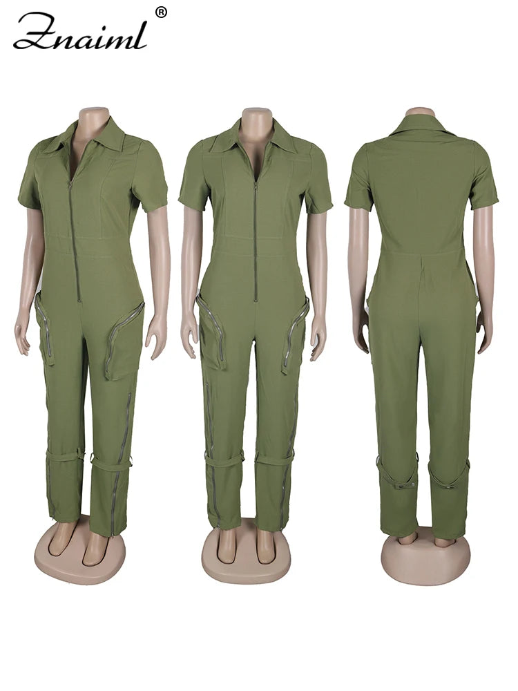 Znaiml Safari Style Short Sleeve Zipper Pocket Jumpsuit Women Fashion Cargo Pants One Piece Overalls Streetwear Playsuit Rompers