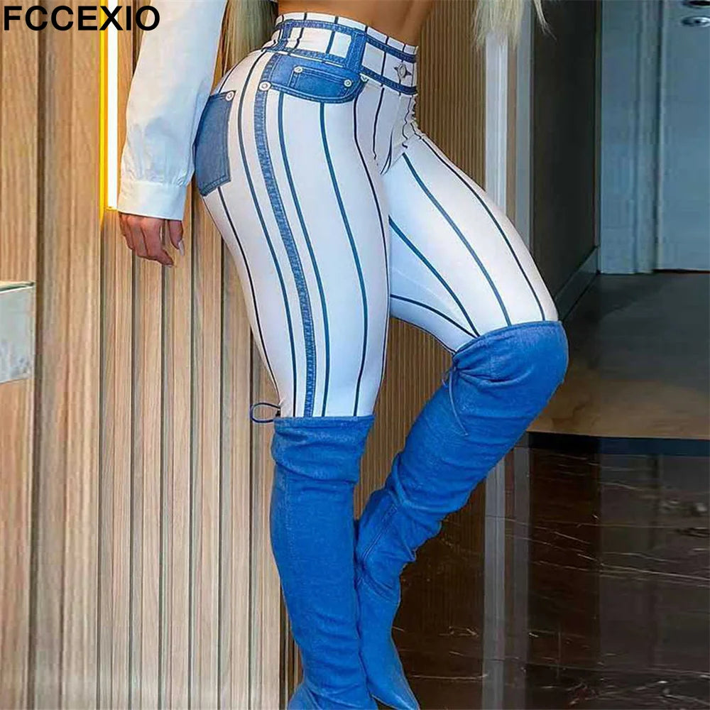 FCCEXIO Fashion Denim Stripe Print Women Sports Leggings High Waist Running Sexy Tight Fitness Workout Yoga Gym Push Up Cowboy P