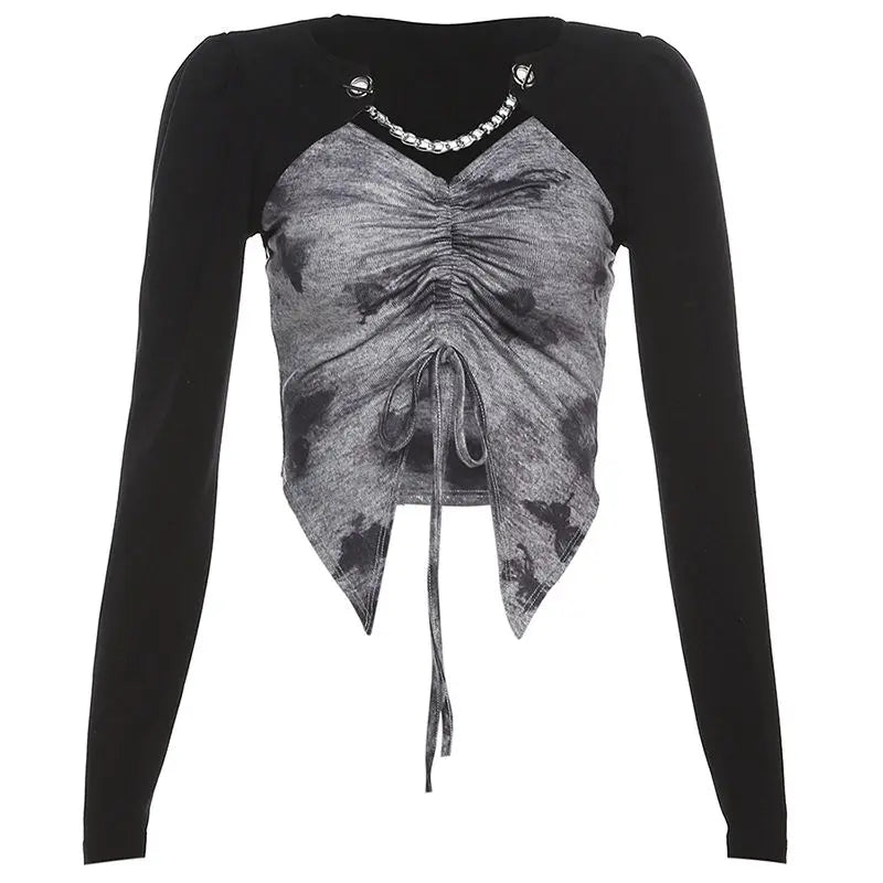 Hong Kong Style Retro Tie-dyed Unique Splicing Design and Sense Dovetail Slim T-shirt for Women Sweet Sexy Versatile Base Shirt