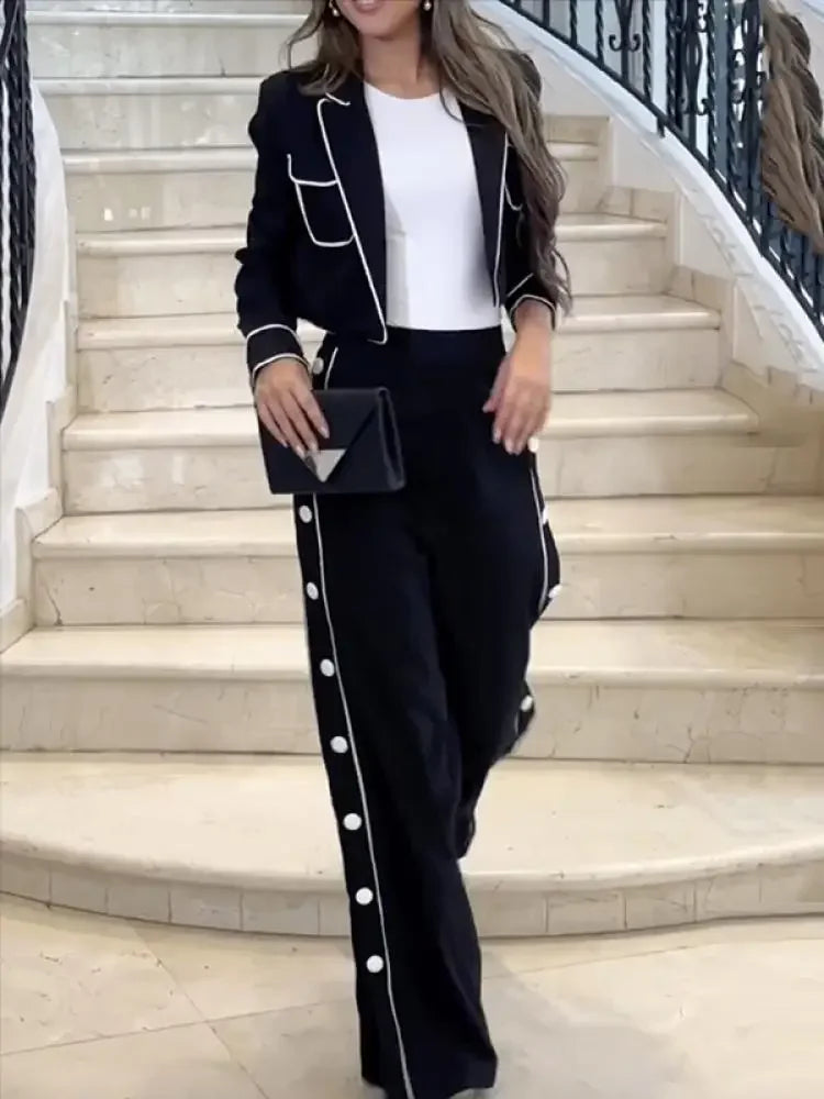 Beautyblue Black Pant Set Women's Blazer&Pants New Fashion High Waist Loose Buttoned Pocket Lapel Two-piece Set Office Commute