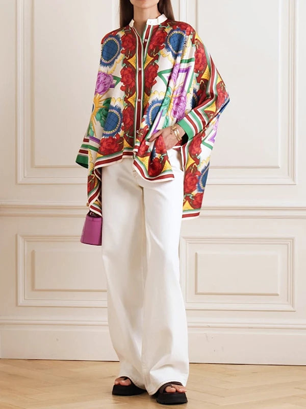 Fashion Stylish Selection Batwing Sleeves Flower Print Stand Collar Blouses Women Spring Summer High-low Buttoned Shirts Tops