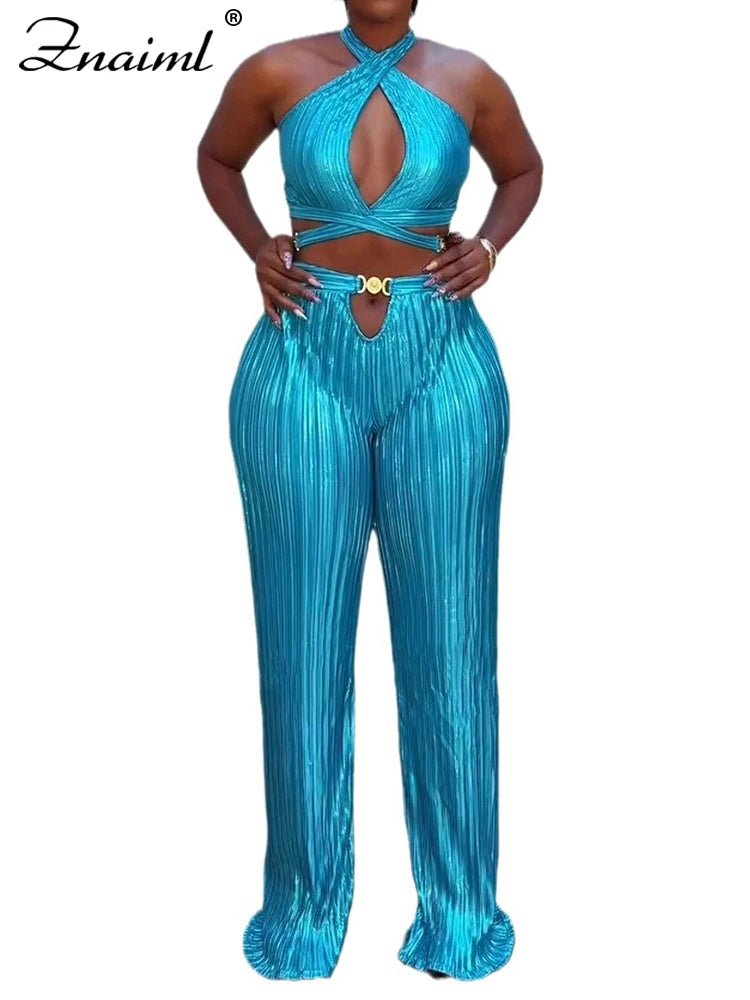 Znaiml Sexy Hollow Out Bandage Halter Sleeveless Backless Crop Tops and Wide Leg Pants Two 2 Piece Sets Women Night Club Outfit