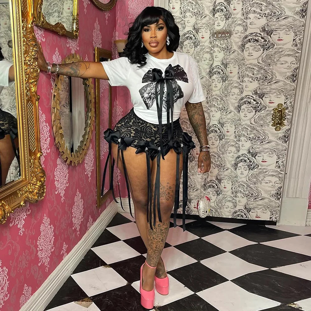CM.YAYA Women's Set Bow O-Neck short sleeve Tops and lace Shorts Suits Streetwear Casual Two 2 Piece Outfits Tracksuits Summer