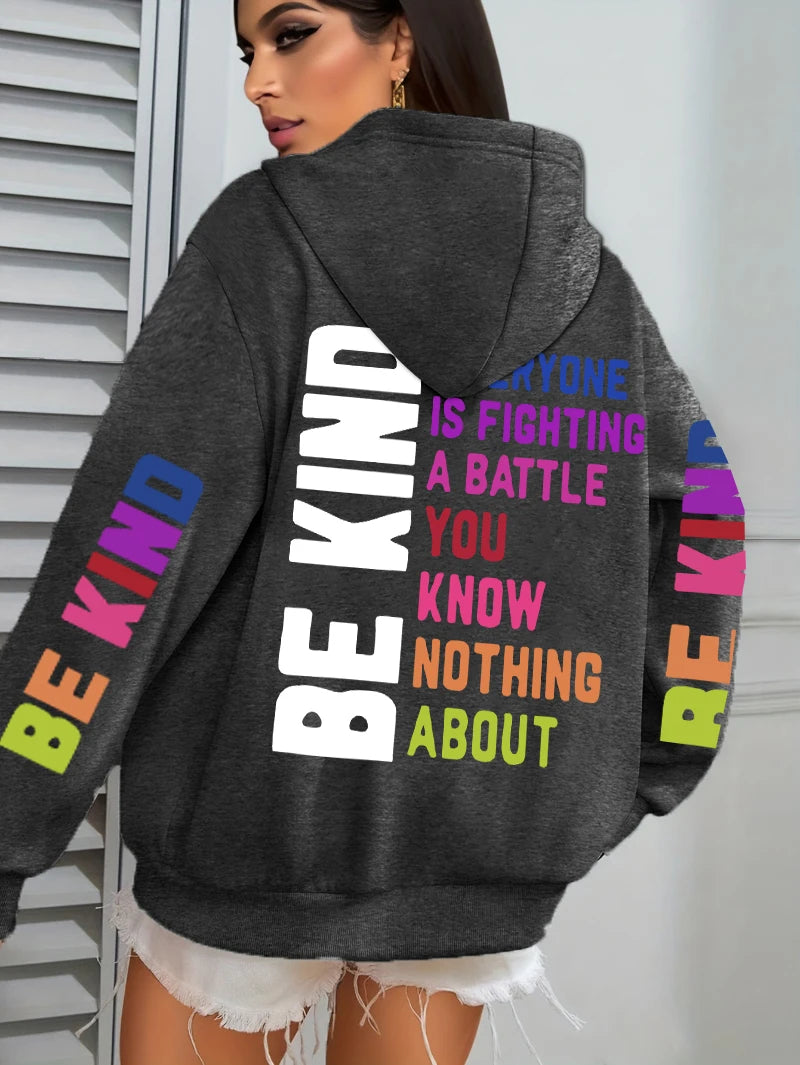 Be Kind Hoodies Women Letter Prints Winter Fleece Warm Hooded Street Pocket Loose Sweatshirts Casual All-match Woman Clothes