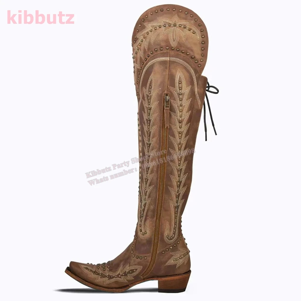 Rivet Cowboy Vintage Boots Over The Knee High Embroidery Lace-Up Luxury Leather Pointed Toe Chunky Heels Fashion Concise Shoes