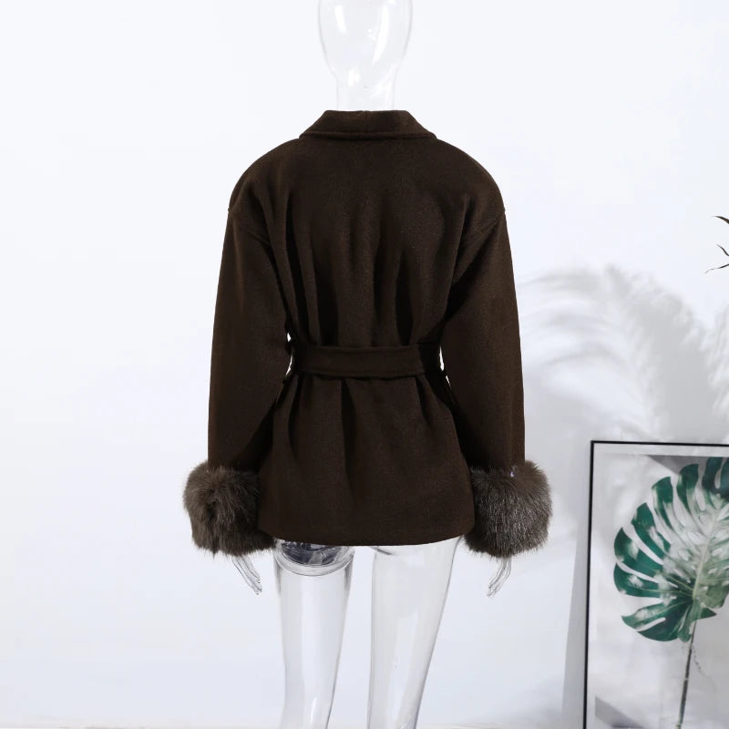 Plush Cuffs Belt Women 's Coats Elegant Lapel Faux Fur Sleeve Twist Open Coat Female 2025 Autumn Winter Fashion Lady Streetwears