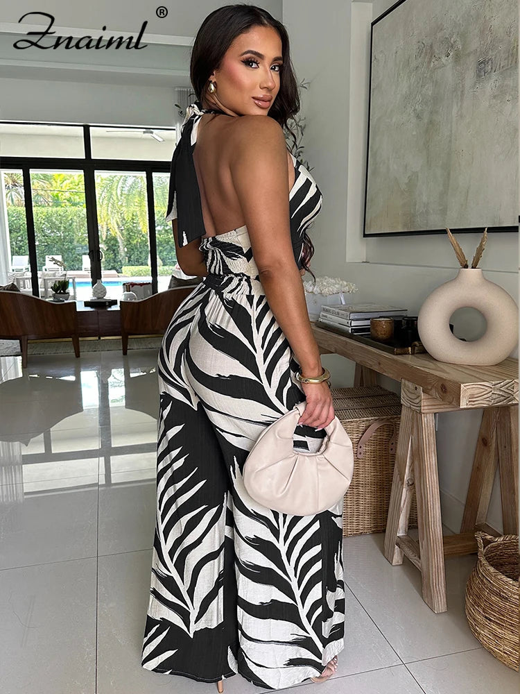 Znaiml Sexy Boho Leaf Printed Wide Leg Pants Sets for Women Halter Sleeveless Crop Tops and Trousers Two 2 Piece Vacation Outfit