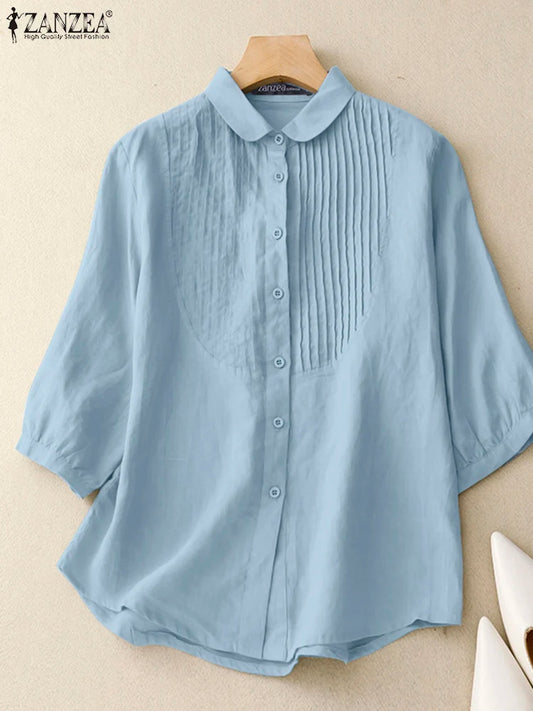 ZANZEA Women Vintage Pintuck Shirts Casual Turn-Down Collar Half Puff Sleeve Button Up Chemises Femme Street Fashion Solid Tops