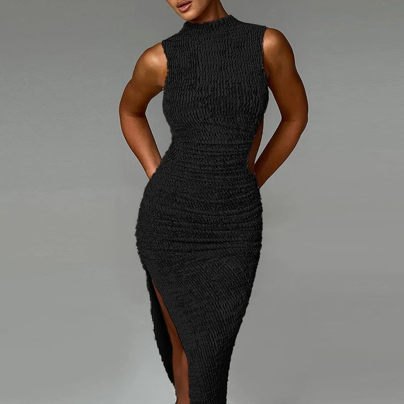 Sexy Asymmetric Split Slim Long Dress Women Fashion Backless Pleats A-line Dress Simple Solid Color O-neck Sleeveless Vest Dress
