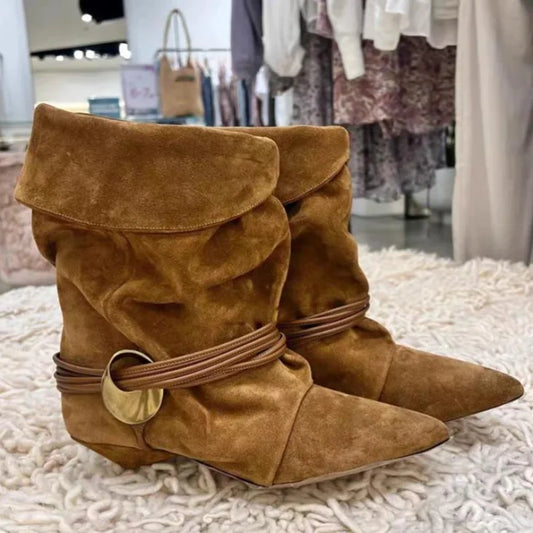 Vintage Stiletto Low Heel Boots Women's Fashion Brand Pleated Ankle Boots Brown Pointed High-end Texture New Cowboy Boots Shoes