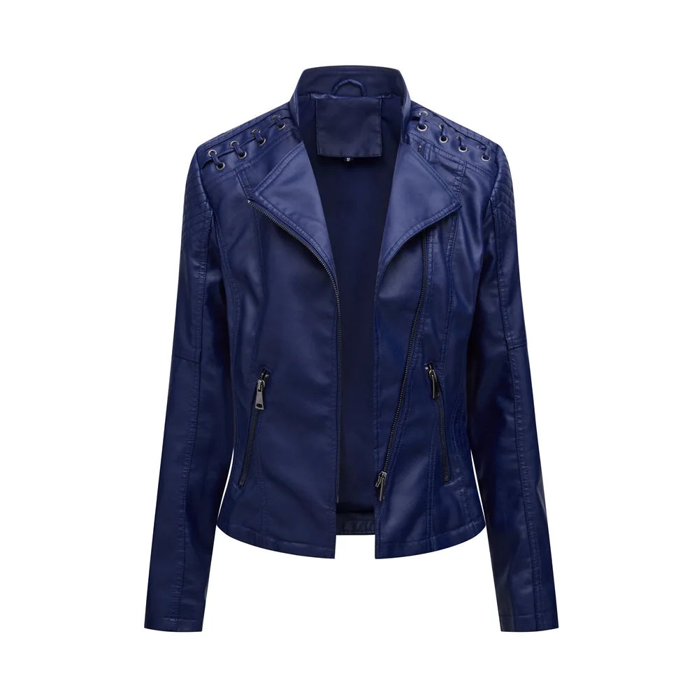 Spring Autumn Leather Jacket Women Slim Fit Motor Biker PU Leather Short Coat Stand Collar Ladies Zipper Outerwear 2024 New