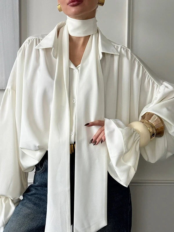 Womens Elegant Blouses & Shirts 2025 Spring Summer Solid Layered Flared Long Sleeves Female Chic Tied Tops Blouse