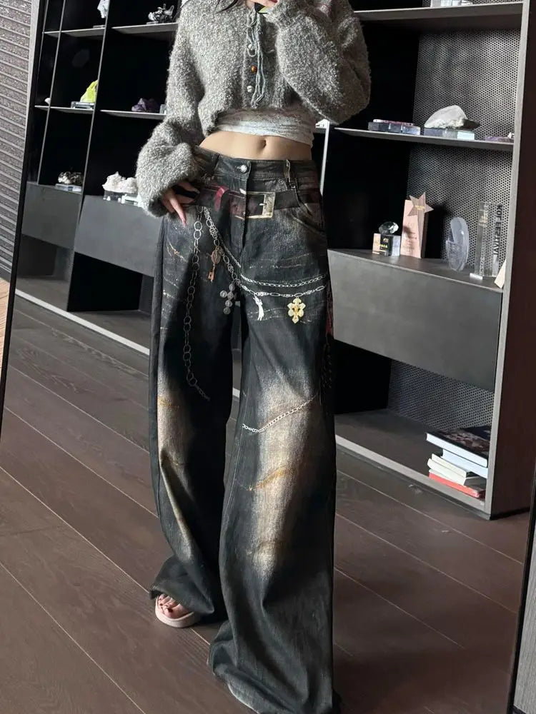 Y2K Retro Block Era Belt Printed Wash Jeans Loose Hot Girls Casual High Street Wide-leg Pants Women's Popular Large-size Pants