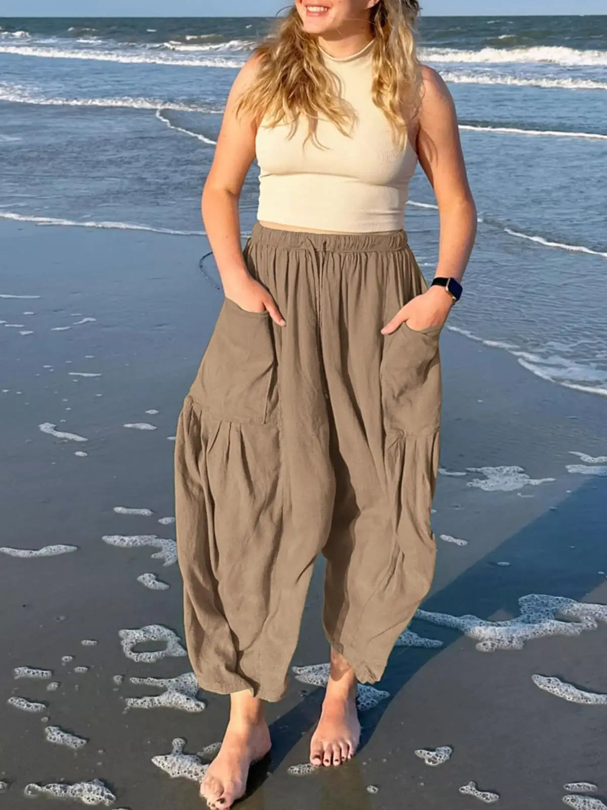 Loose Wide Leg Pants Women's Clothing Elastic Waist Pleated High Waist Casual Cotton Linen Solid Color Trousers Pants