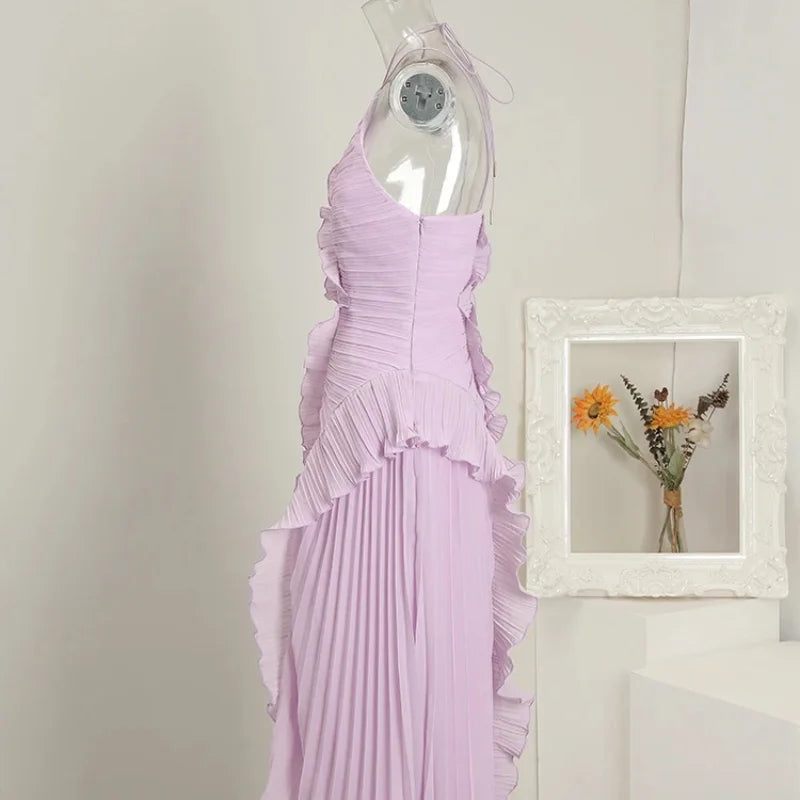 Chic Pleated Halter Neck Long Vacation Dress High Quality Purple Strapless Lotus Edge Maxi Dress 2025 New Lady Vacation Gown