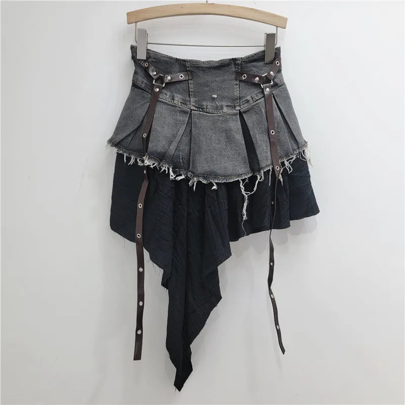 YEAE trendy fashion women's patchwork denim pleated skirt 2024 autumn new high waist strap design A-shaped skirt women