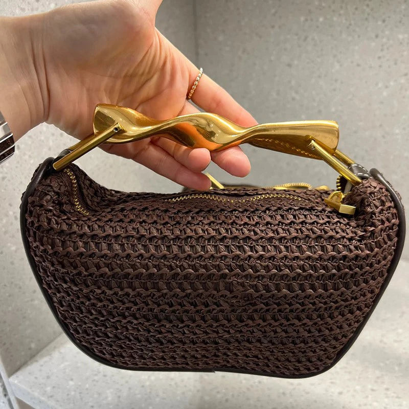 Women's Woven Bag Fashion Luxurious Simple Metal Evening Clutch Casual Versatile Vintage High-end Design  Women's Shoulder Bag