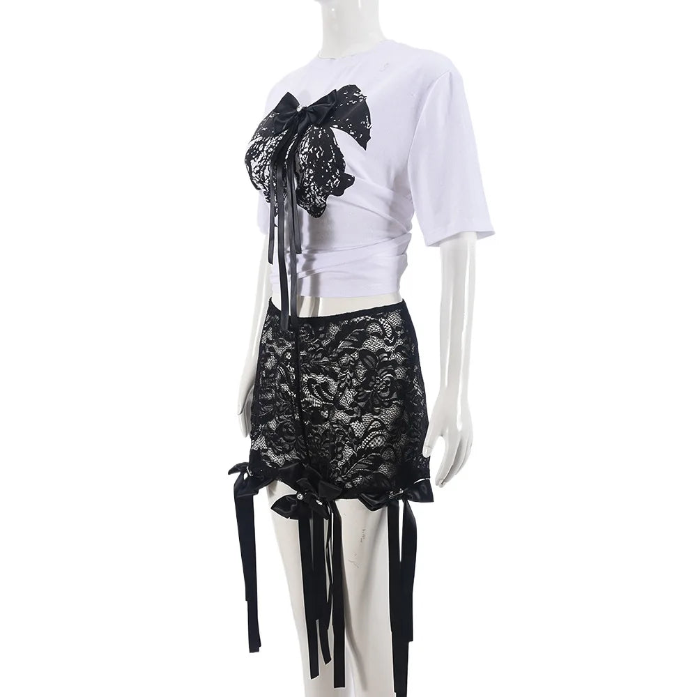 CM.YAYA Women's Set Bow O-Neck short sleeve Tops and lace Shorts Suits Streetwear Casual Two 2 Piece Outfits Tracksuits Summer