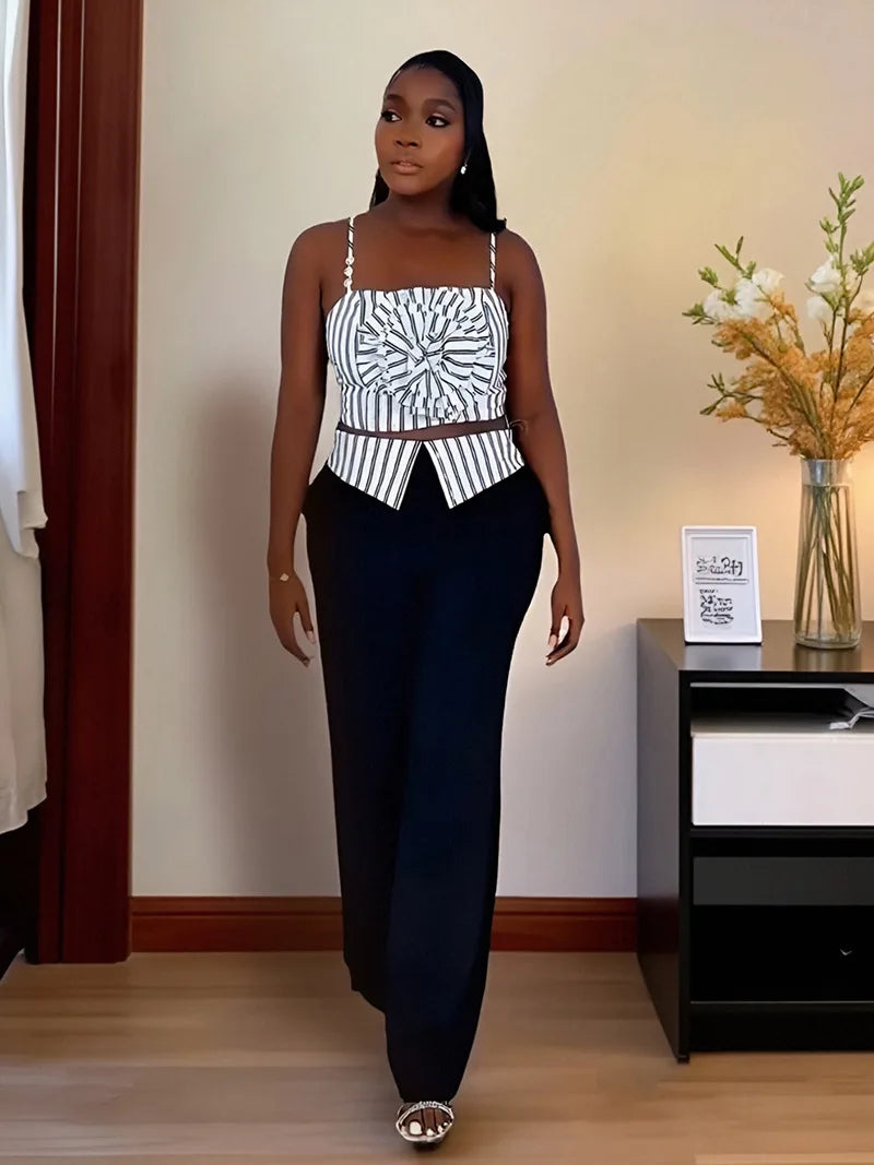 CM.YAYA Fashion Women's Set Striped Strap Floral Applique Crop Top and Wide Leg Pants Suit 2025 Two 2Piece Sets Outfit Tracksuit