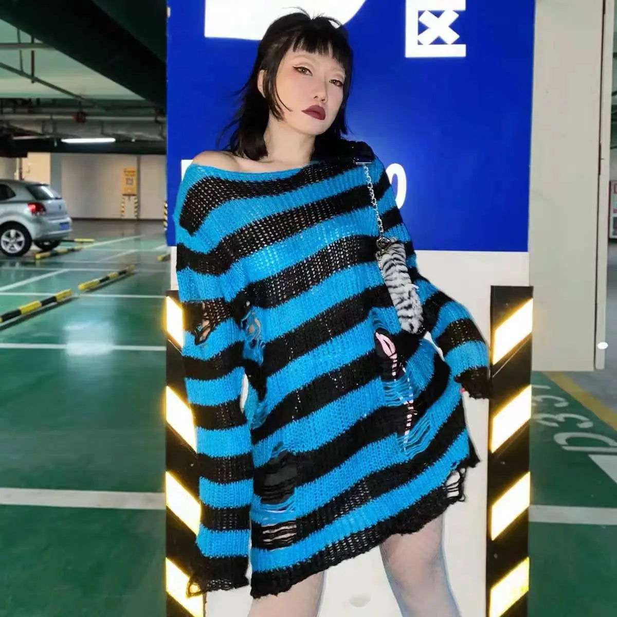 Karrram Punk Gothic Sweater Emo Tops E-girls Mall Goth Pullovers Y2k Harajuku Grunge Clothes Alt Dark Aesthetic Striped Jumpers