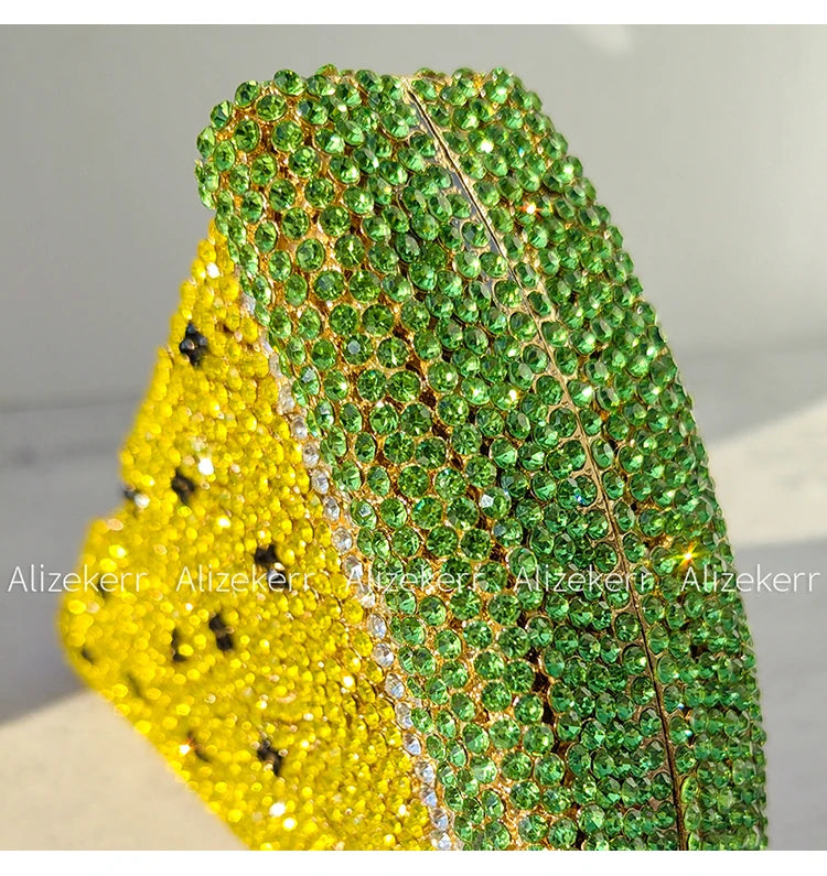 Alizekerr Pizza Shaped Diamond Evening Clutch Bags 2024 New Gorgeous Unique Metallic Watermelon Rhinestone Purses Wedding Party