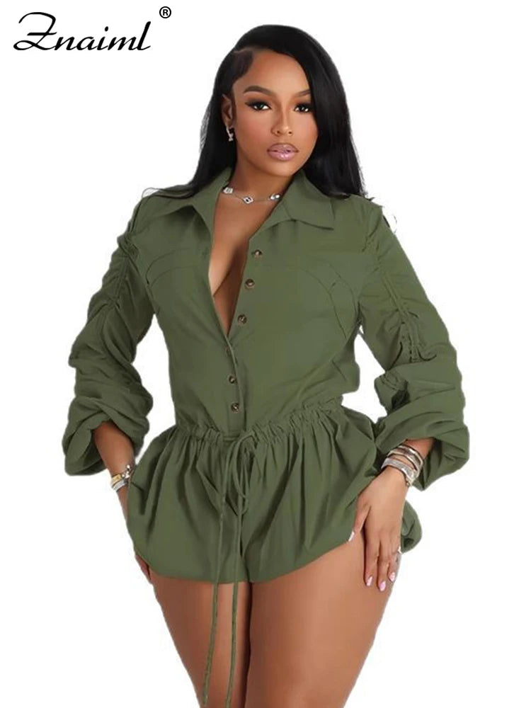 Znaiml Fashion Rompers Cargo Pants Playsuits Women Gray Turn Down Collar Long Sleeve Single Breasted Shorts Jumpsuits Streetwear