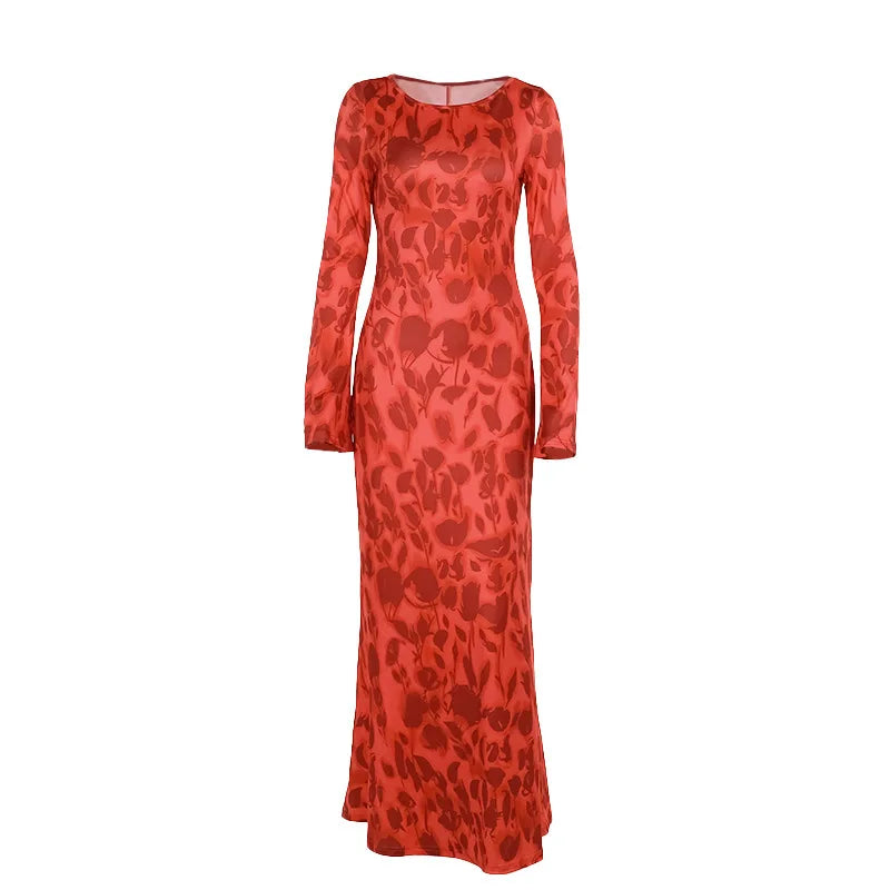Temperament printed crewneck basic dress female fall style fashion elegant slim dress