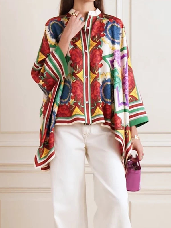 Fashion Stylish Selection Batwing Sleeves Flower Print Stand Collar Blouses Women Spring Summer High-low Buttoned Shirts Tops