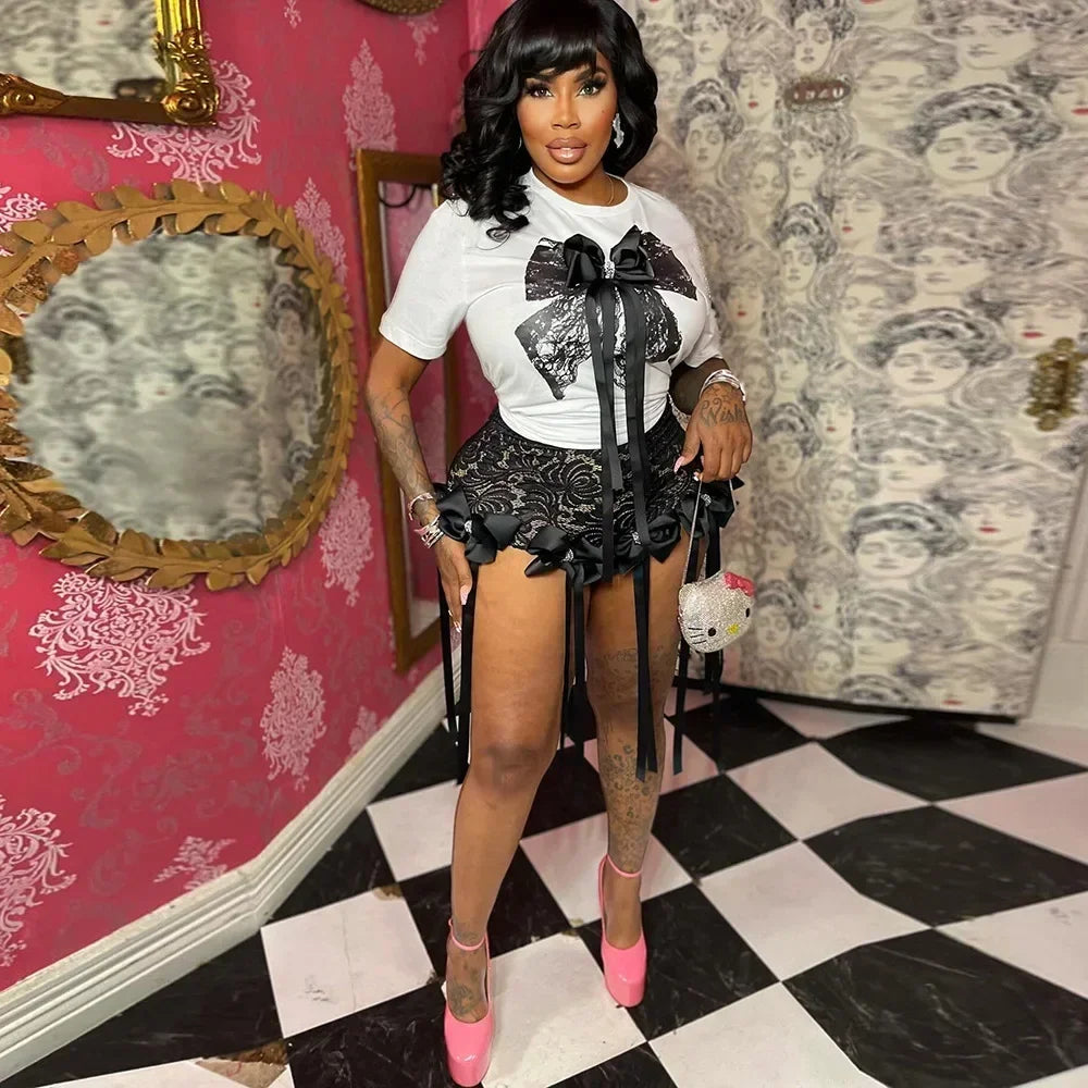 CM.YAYA Women's Set Bow O-Neck short sleeve Tops and lace Shorts Suits Streetwear Casual Two 2 Piece Outfits Tracksuits Summer