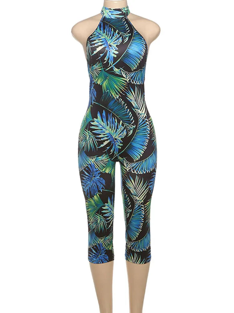 Weird Puss Sexy Print Halter Romper Women Bandage Summer Colorful Hipster Backless Activity Workout Fit Tight Stretch Playsuits
