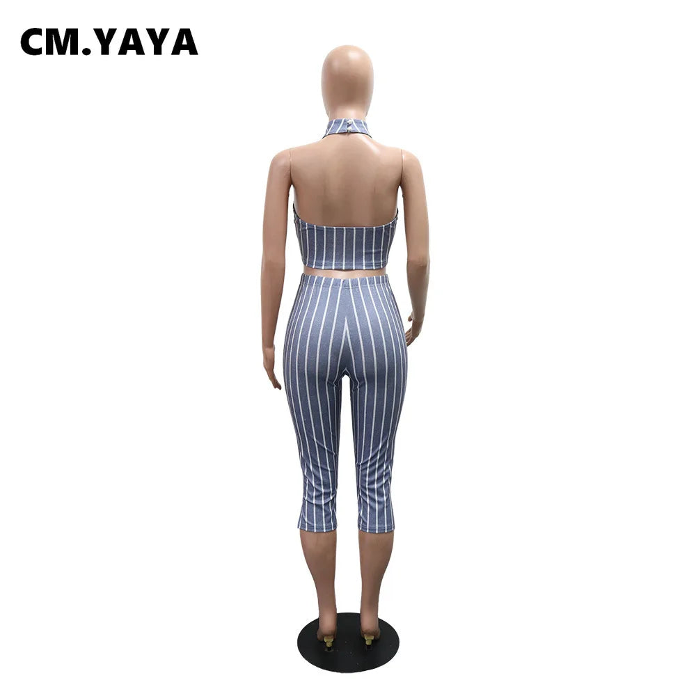 CM.YAYA Striped Printed Women's Set Sleeveless Necktie Tops and Leggings Pants 2025 Sexy Party Two 2 Piece Sets Outfit Tracksuit