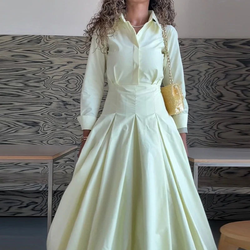 Solid Women's Casual Pleated Long Dress Fashion Lapel Full Sleeve Button Maxi Dress Lady 2025 Early Autumn Chic Street Robes