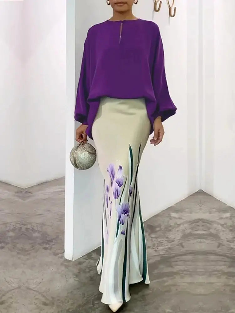 Fashion Purple O-Neck Blouse Tops For Women 2025 New Spring Summer Puff Sleeves Loose Casual Going Out Shirts