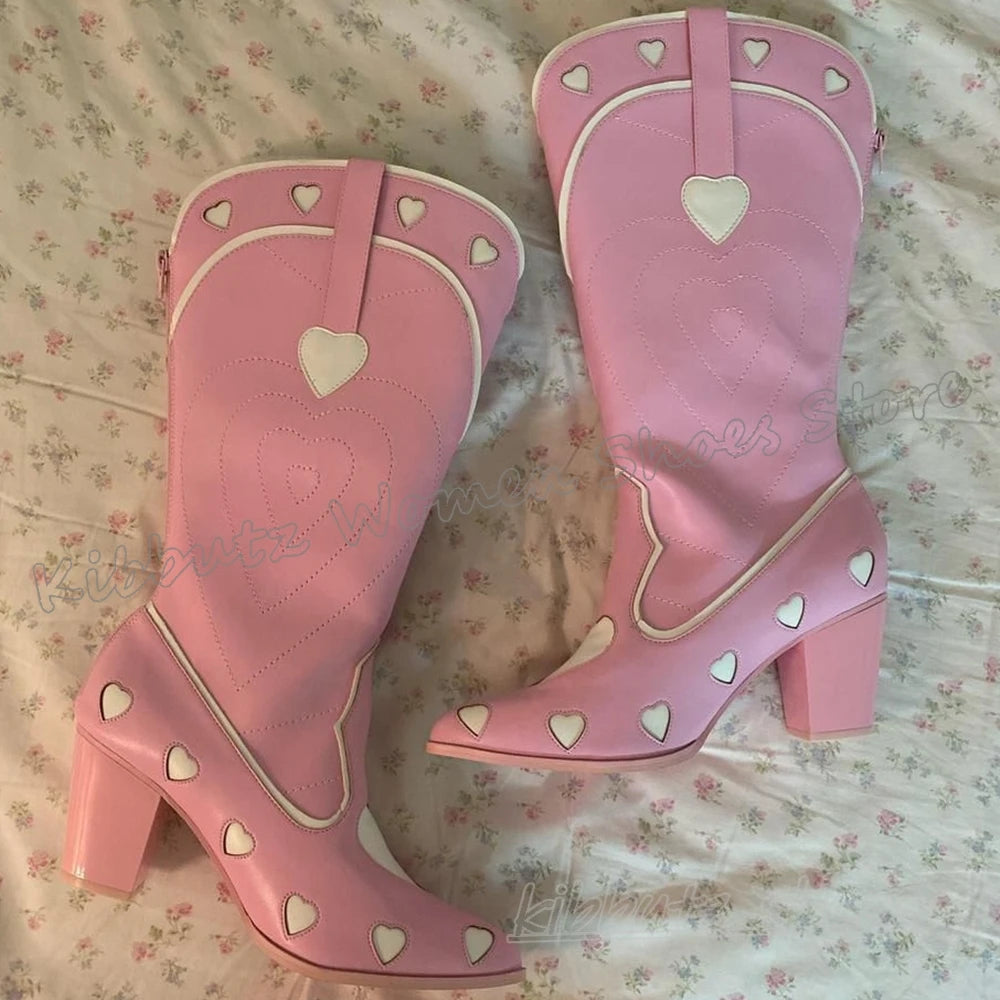 Hearts Cowboy Knee High Boots Slip-On Fashion Novelty Sexy Elegant Concise Novelty Leather Women Shoes Pointy Chunky Heels New