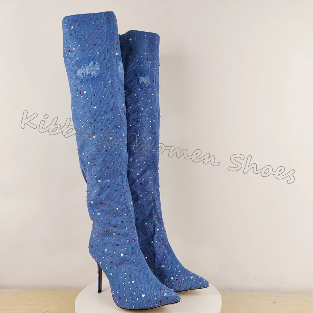 Boots Over The Knee Denim Cloth Crystal Glossy Rhinestone Slip-On Fashion Luxury Elegant Concise Sexy Spicy Girls Shoes Newest